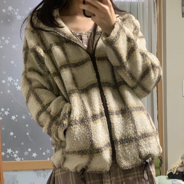 일본 빈티지 모리걸 브라운 체크 후리스 플리스 점퍼 모카무스
