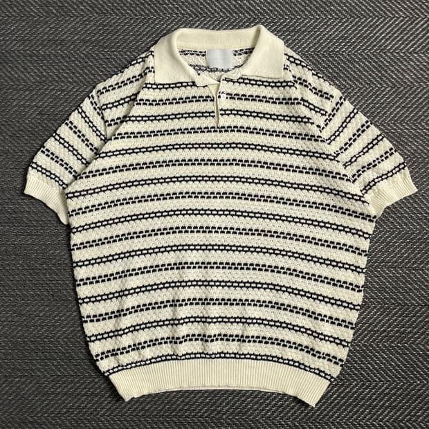 Gentlecover 스트라이프 패턴 오픈 카라 니트 반팔o 4792