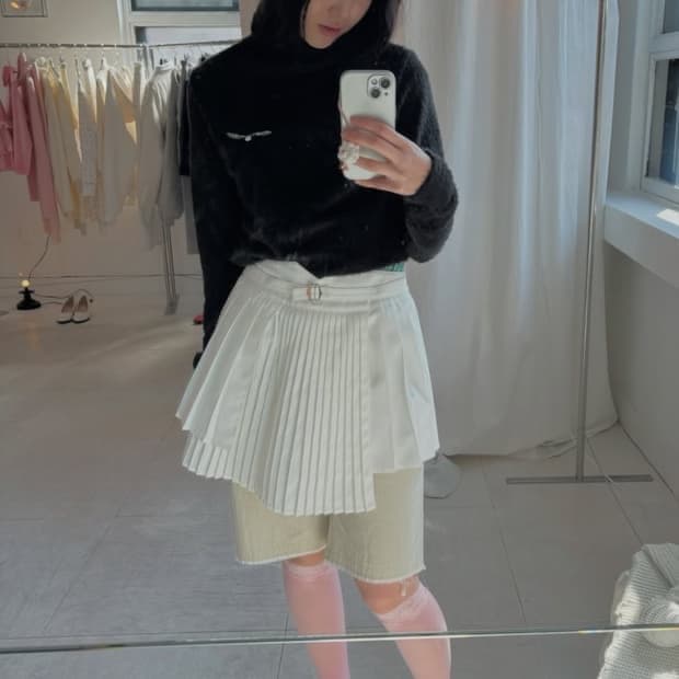 샵 페어리 아코디언 플리츠 버클 스커트 블랙