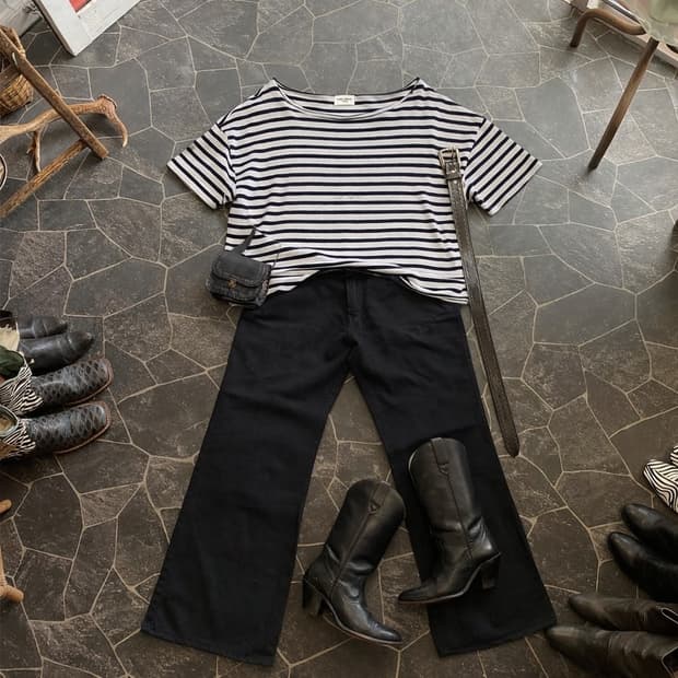 생로랑 로고 자수 프렌치 마린 스트라이프 티셔츠