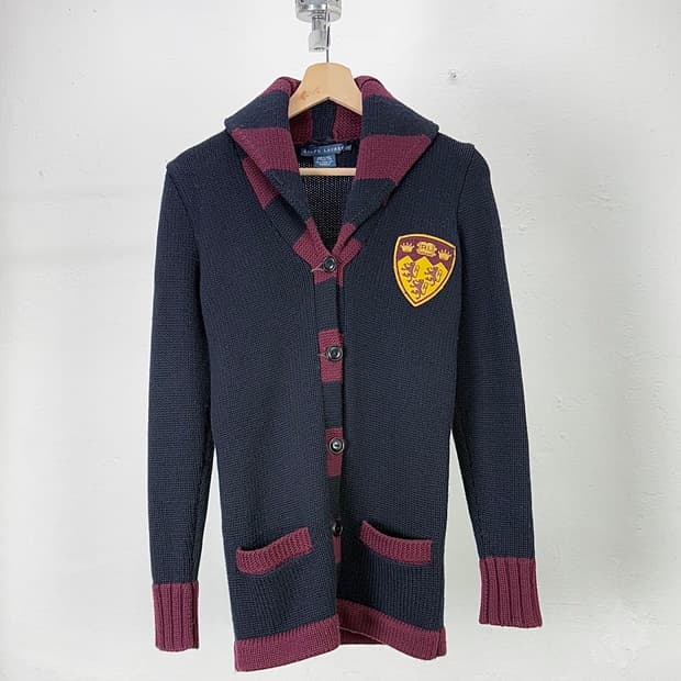 랄프로렌 버건디 믹스 크레스트 패치 숄카라 니트 가디건