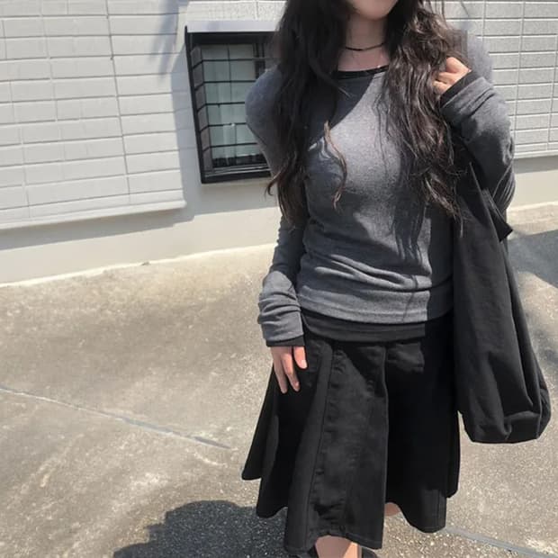 애니원모어 1+1 보더 레이어드 텐셀 긴팔 티셔츠 차콜, 블랙 세트