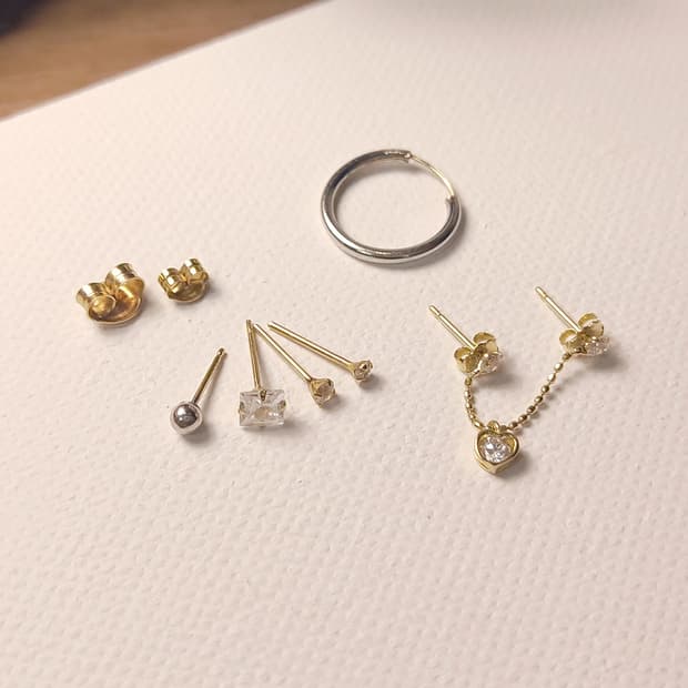 14K 금귀걸이 일괄, 한짝씩, 체인 연결 귀걸이, 피어싱
