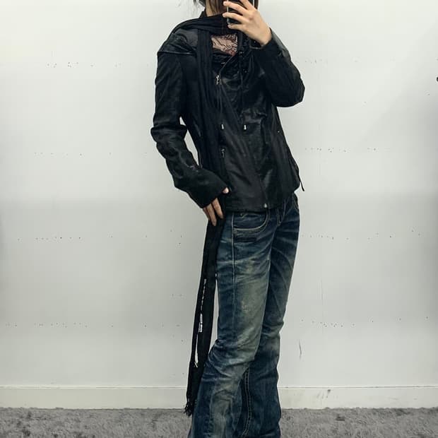 사선 드레이프 레더자켓 (고트 레더)