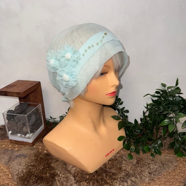 Sky blue fairy flower organza mesh 비니