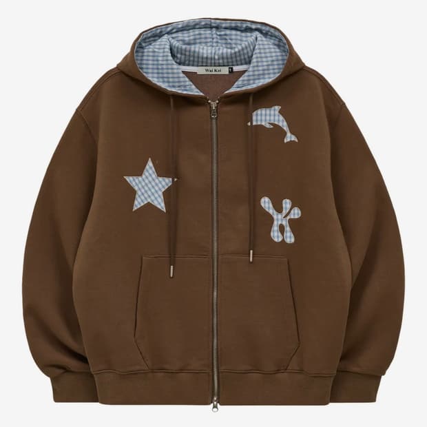 와이케이 스타 돌핀 체크 아플리케 후드 집업 브라운