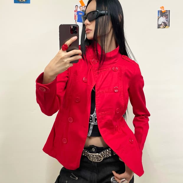 button high-neck red jacket