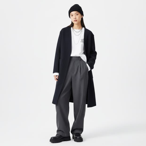 Sisley 시슬리 네이비 노카라 롱가디건 42 (미니멀)