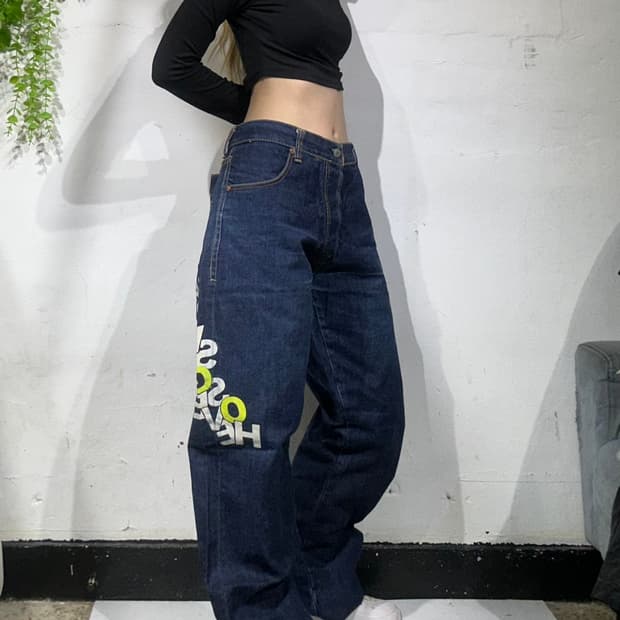 에비수 중청 극희귀 사이즈 사이드 프린팅 빅 데님 팬츠 청바지