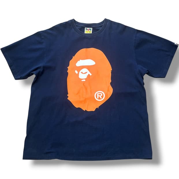 Bape 희귀 오렌지 빅에이프헤드 네이비 반팔 티셔츠