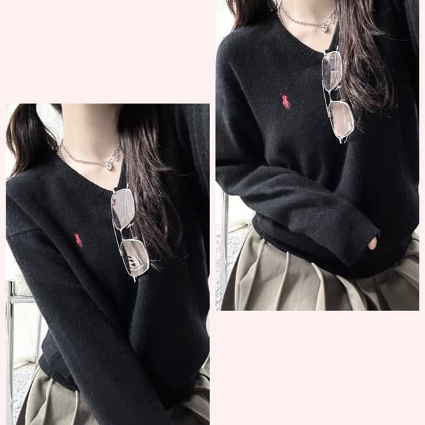 폴로 블랙 램스울 브이넥니트