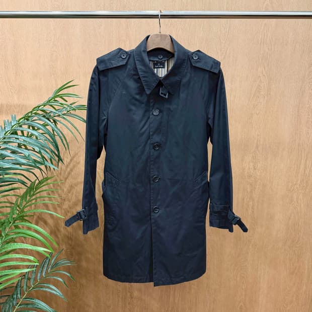 폴스미스 PS 싱글 트렌치 코트 스트라이프 안감 허리 벨트 디테일 블랙