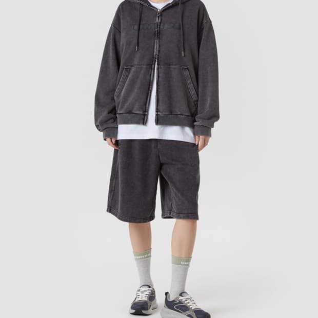 엄브로 워시드 니트 후디 집업 차콜