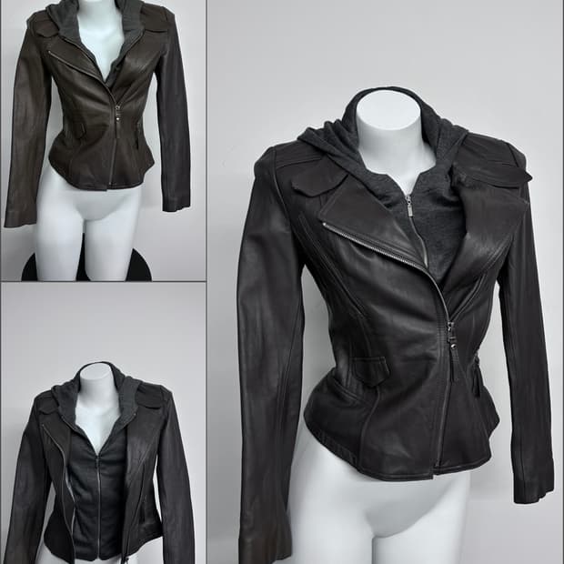 사선 후드 하이브리드 레더 자켓