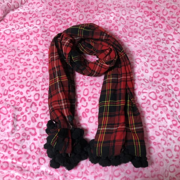 빈티지 폼폼 갸루 체크 목도리 머플러