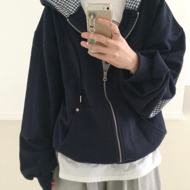 쿠미 엘보 패치 후드집업 Navy