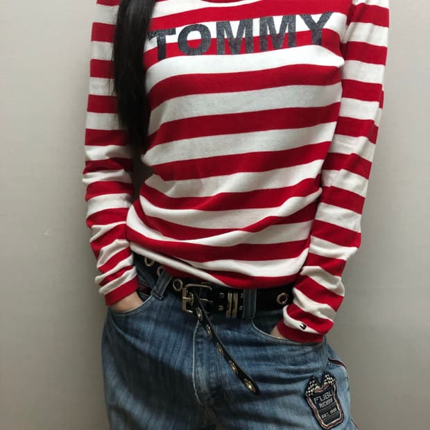 빈티지 타미힐피거 레드 스트라이프 니트