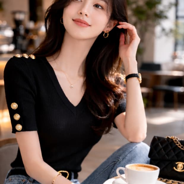 금장 버튼 디테일 브이넥 골지 니트 (슬림핏)free