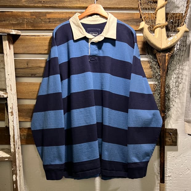 [2XL]L.L.Bean 엘엘빈 파스텔블루 네이비 스트라이프 럭비 티셔츠