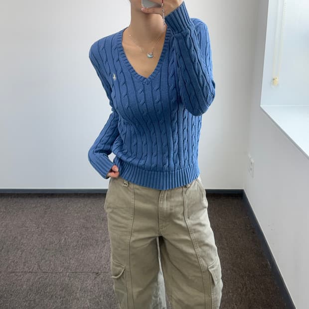 Polo 폴로 화이트 포니 블루 케이블 브이넥 니트