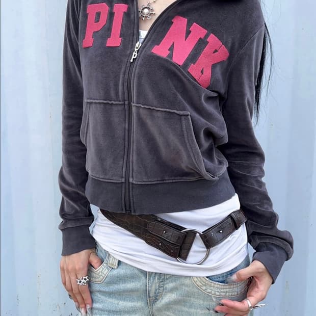 빈티지 PINK 핑크 벨벳 집업 그레이