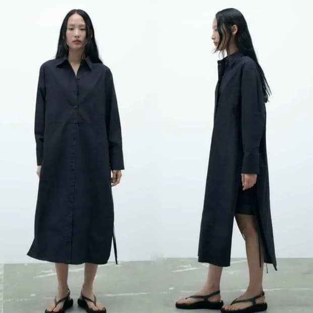 자라 포플린볼륨 셔츠롱원피스 S 네이비 옆묶음