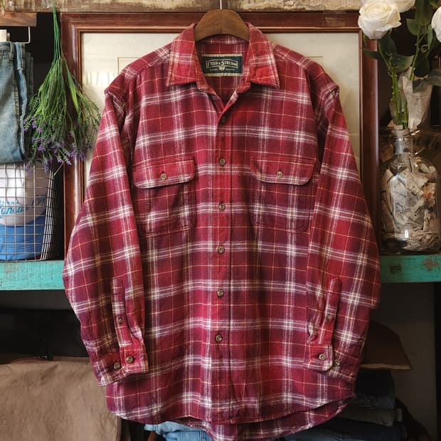 90s 빈티지 체크셔츠 헤비 플란넬 워크셔츠 썬페이딩 레드 xl