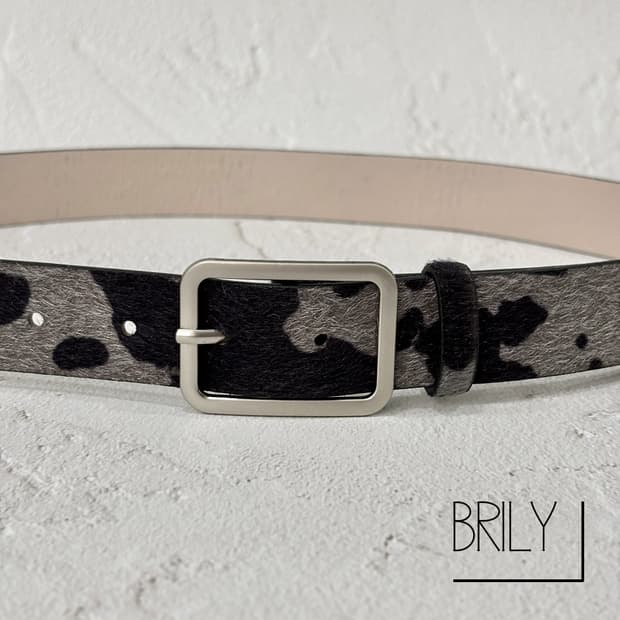 [Unisex] PONY 카우헤어 레오파드 호피 송치털 가죽 벨트 차콜