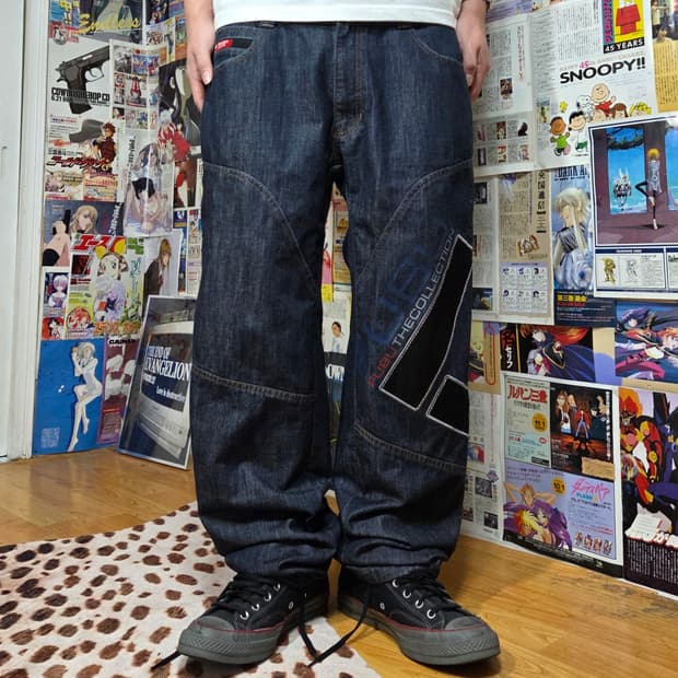 후부 반밴드 진청 절개 오버핏 데님 팬츠