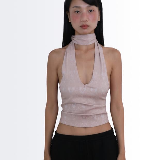 시오서울 자카드 홀터 슬리브리스 탑 핑크