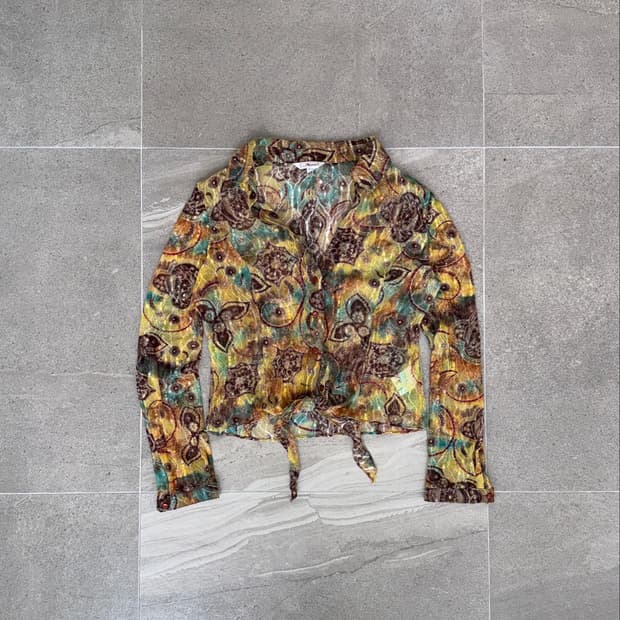 Ethnic oriental tie dye knot mesh blouse