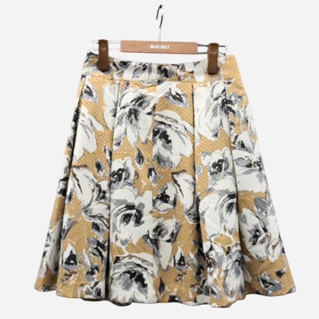 JPN VINTAGE 자카드 플리츠 스커트 플로럴 패턴 A라인 샴페인골드