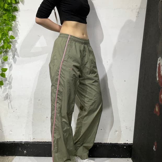 나이키 카키 와이드 핑크 사이드 라인 로고 트랙 팬츠 추리닝 바지 M