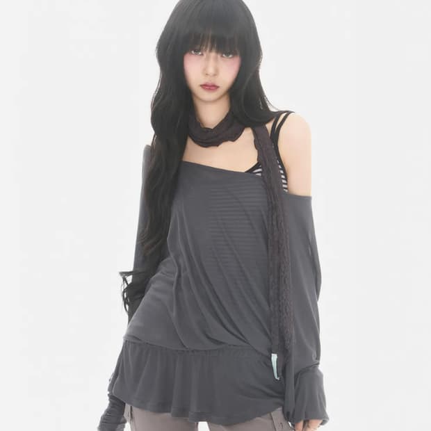 미레코 SHEER OFF-SHOULDER SLEEVE CHARCOAL