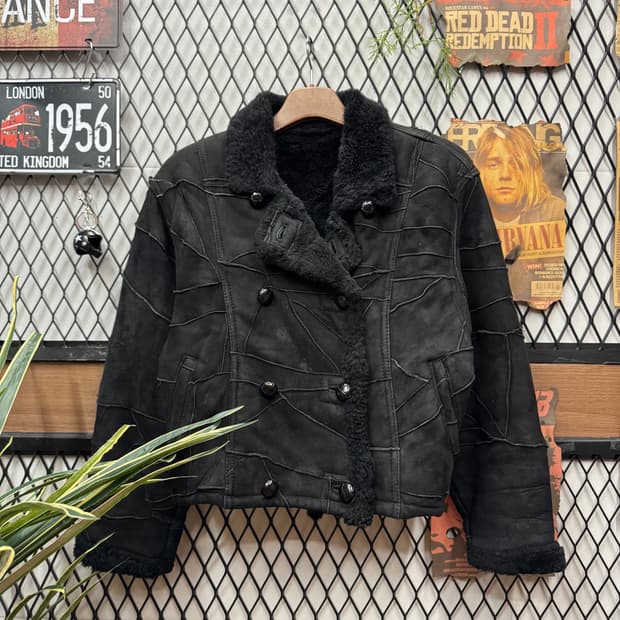 90s ROOTS 루츠 빈티지 크롭 스웨이드 퍼자켓 블랙