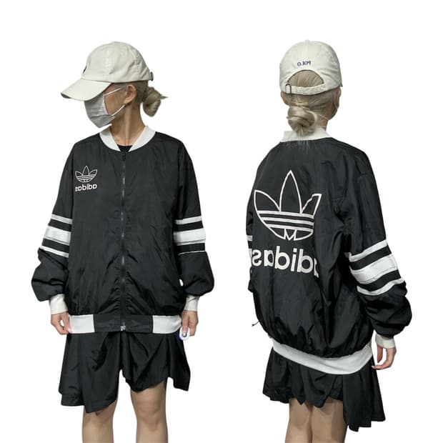 아디다스 블랙 화이트 빅 로고 바람막이 트랙 자켓 L