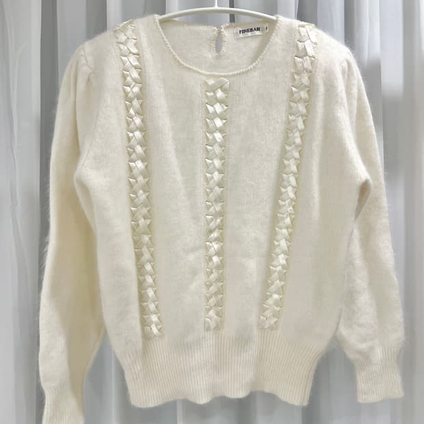 🐑울 90 아이보리 리본 헤어리 고급 니트, 가단 51