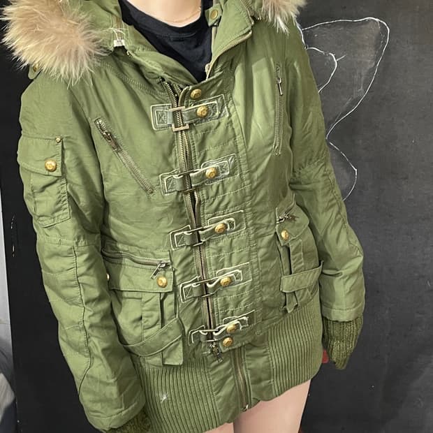 Sly 아카이브 울프죠 본디지 스트랩 퍼 후드 야상 자켓 S