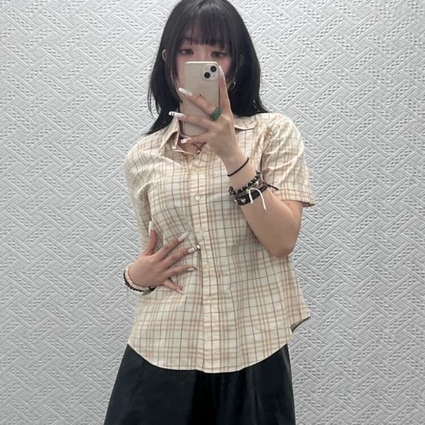 버버리 컨트리 레트로 빈티지 오트밀 체크 반팔 셔츠 XL C10779