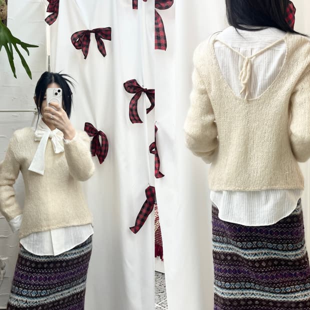 Ribbon tie ivory knit