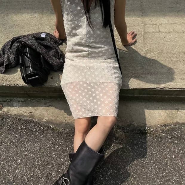 브리드 콤보 플라워 원피스 아이보리/블랙