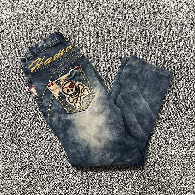 빈티지9. HAMO 00s 빈티지 펑크 스컬 패치 데님 팬츠 청바지 해골