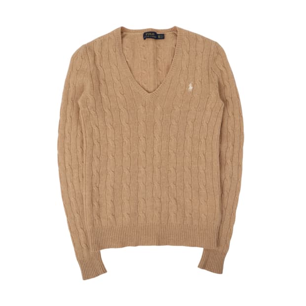폴로 랄프로렌 베이지 울 캐시미어 브이넥 케이블 니트
