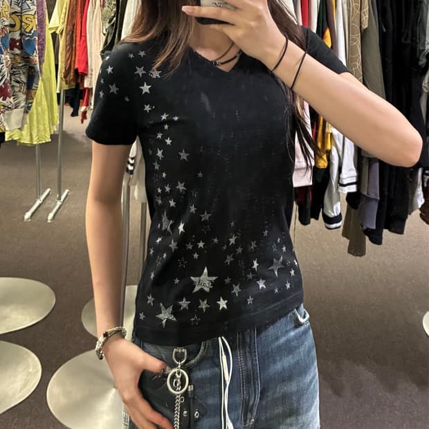 XS) Japanese vintage 여성 비즈 별 자수 반팔