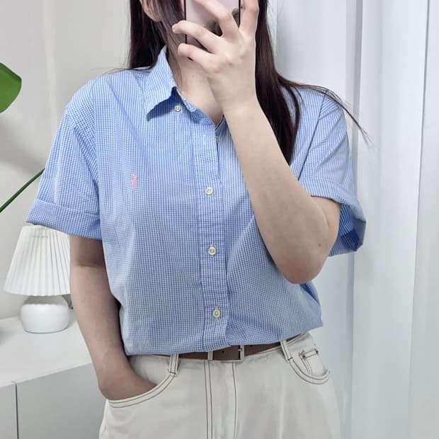 [정품] 폴로 블루 / 핑크포니 체크 반팔셔츠 [ L ]