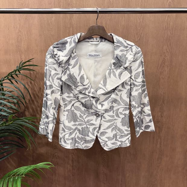 막스마라 린넨 블렌드 테일러드 자켓 그레이 플로럴 자수 디테일 아이보리