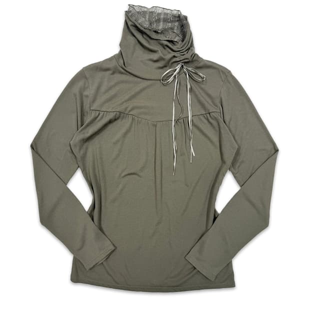 빈티지 카키 리본 레이스 레이어드 긴팔티