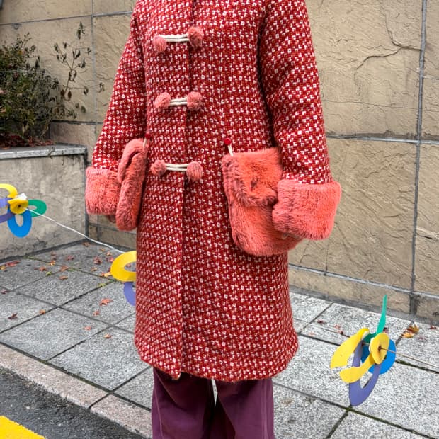 Algon quins 갸루펑크 형광코랄 퍼 후드 코트 