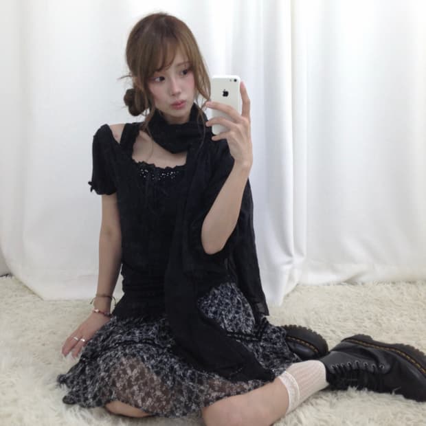 블랙 무채색 아일렛 레이스 니혼진 페어리 코디세트