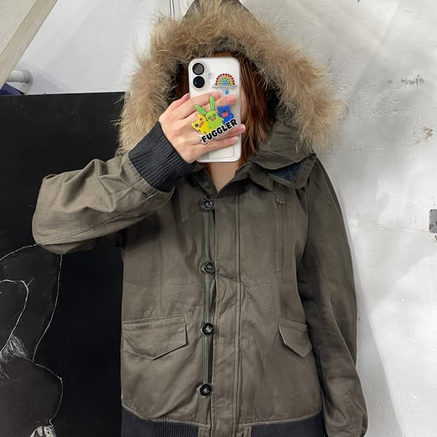 일본빈티지 울프죠 퍼 후드 자켓 점퍼 y2k 크롭 야상 M.